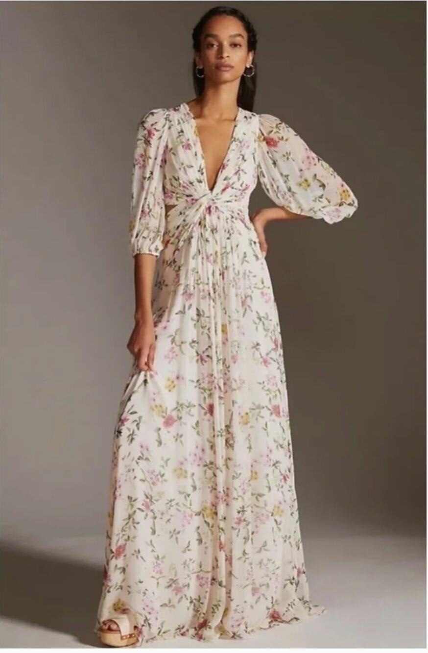 Anthropologie Monique Lhuillier Floral Chiffon Cut-Out Gown 4 NEW
